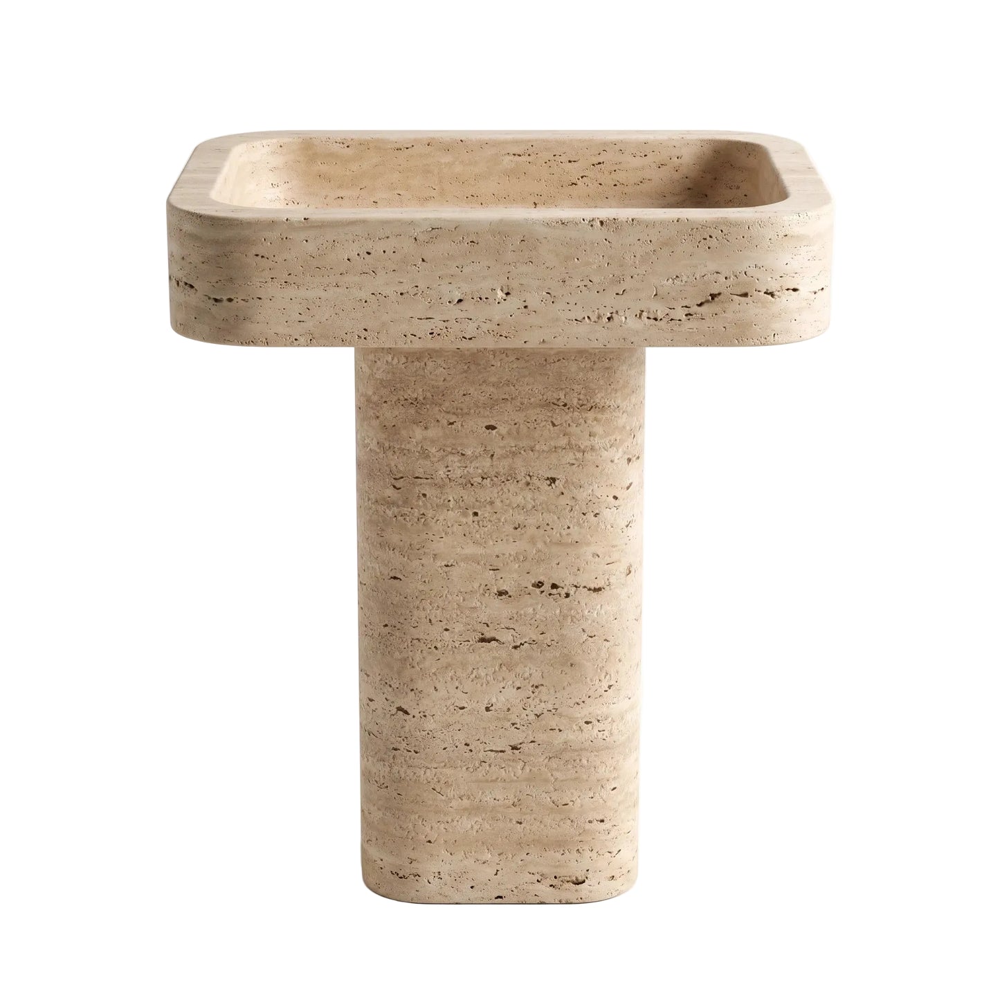 Marlowe natural travertine pedestal bathroom sink with rectangular carved basin, rounded corners and cylindrical base