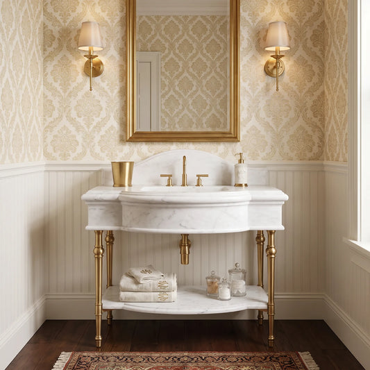 Modena 30 inch Carrara White marble bathroom vanity with sink and solid brass console legs in a luxury bathroom