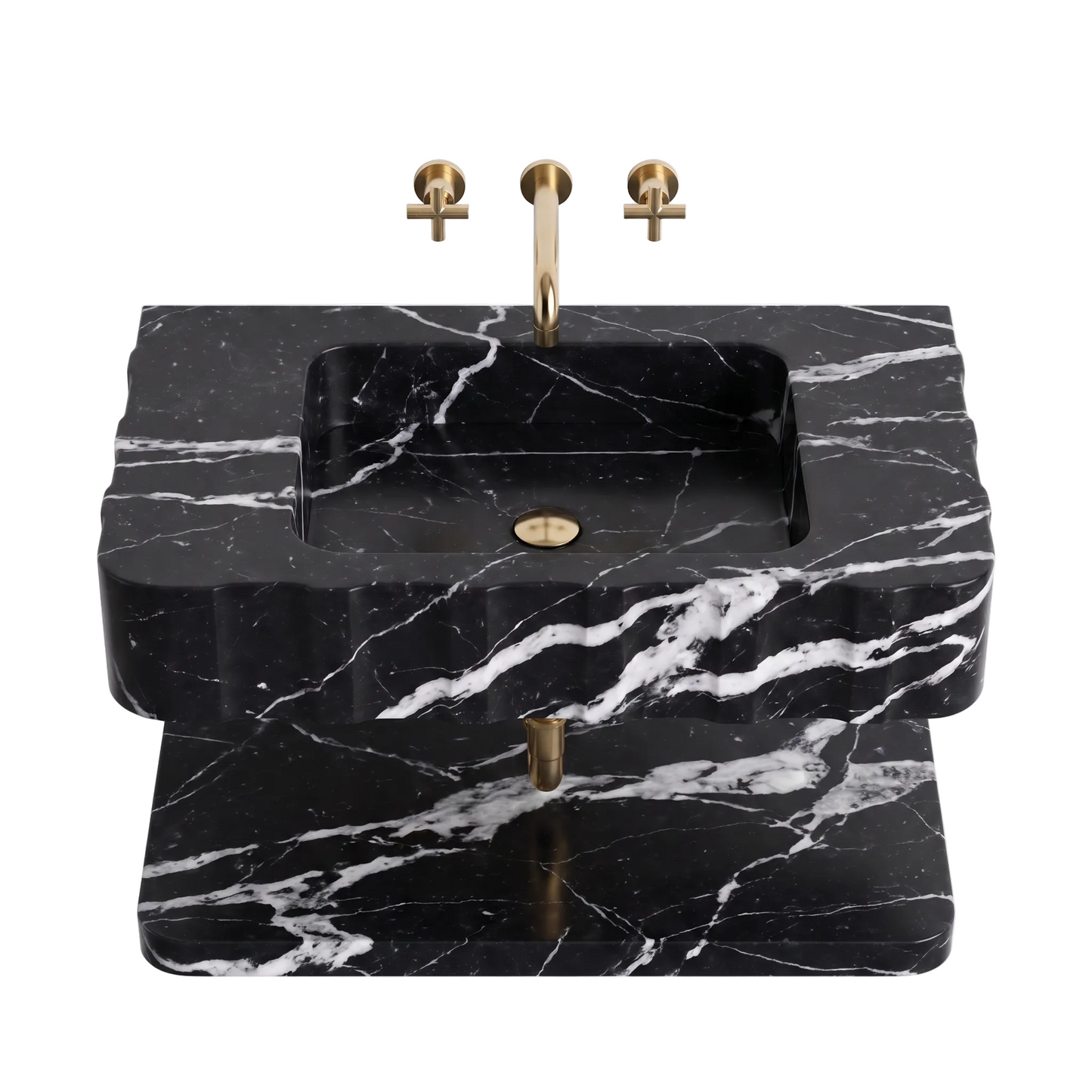 Monaco 30 inch Nero Marquina floating marble bathroom sink with lower marble shelf