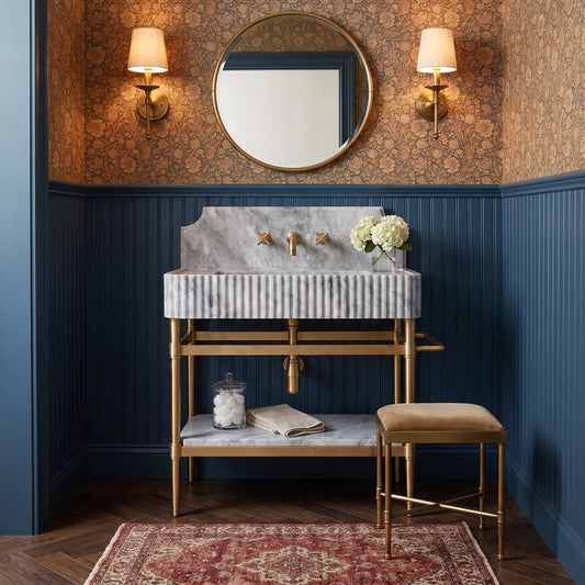 Monarch 30 inch Gray marble bathroom vanity with sink and solid brass console legs in a luxury bathroom