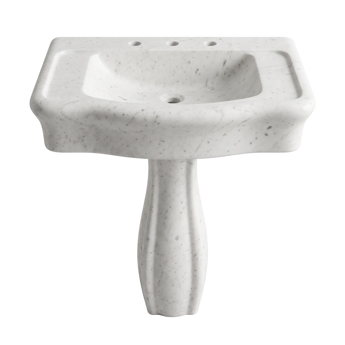 Monteluce custom Carrara White marble pedestal bathroom sink with thick rounded-edge basin, sculpted curved apron and tapered pedestal base