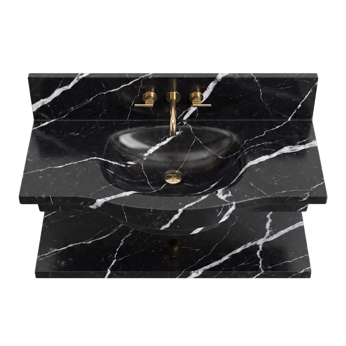 Monza 30 inch Nero Marquina floating marble bathroom sink with integrated basin and lower marble shelf