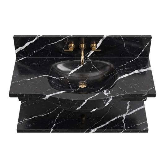 Monza 30 inch Nero Marquina floating marble bathroom sink with integrated basin and lower marble shelf