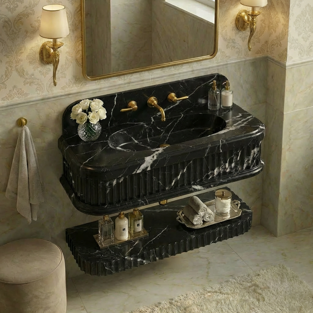 Nero Marquina Marble Sink 30x16x8 with 8 Backsplash