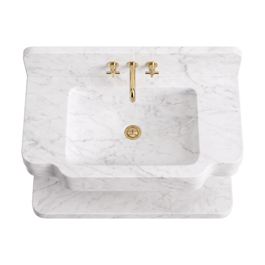 Nevada 30 inch Carrara White floating marble bathroom sink with matching backsplash and lower marble shelf
