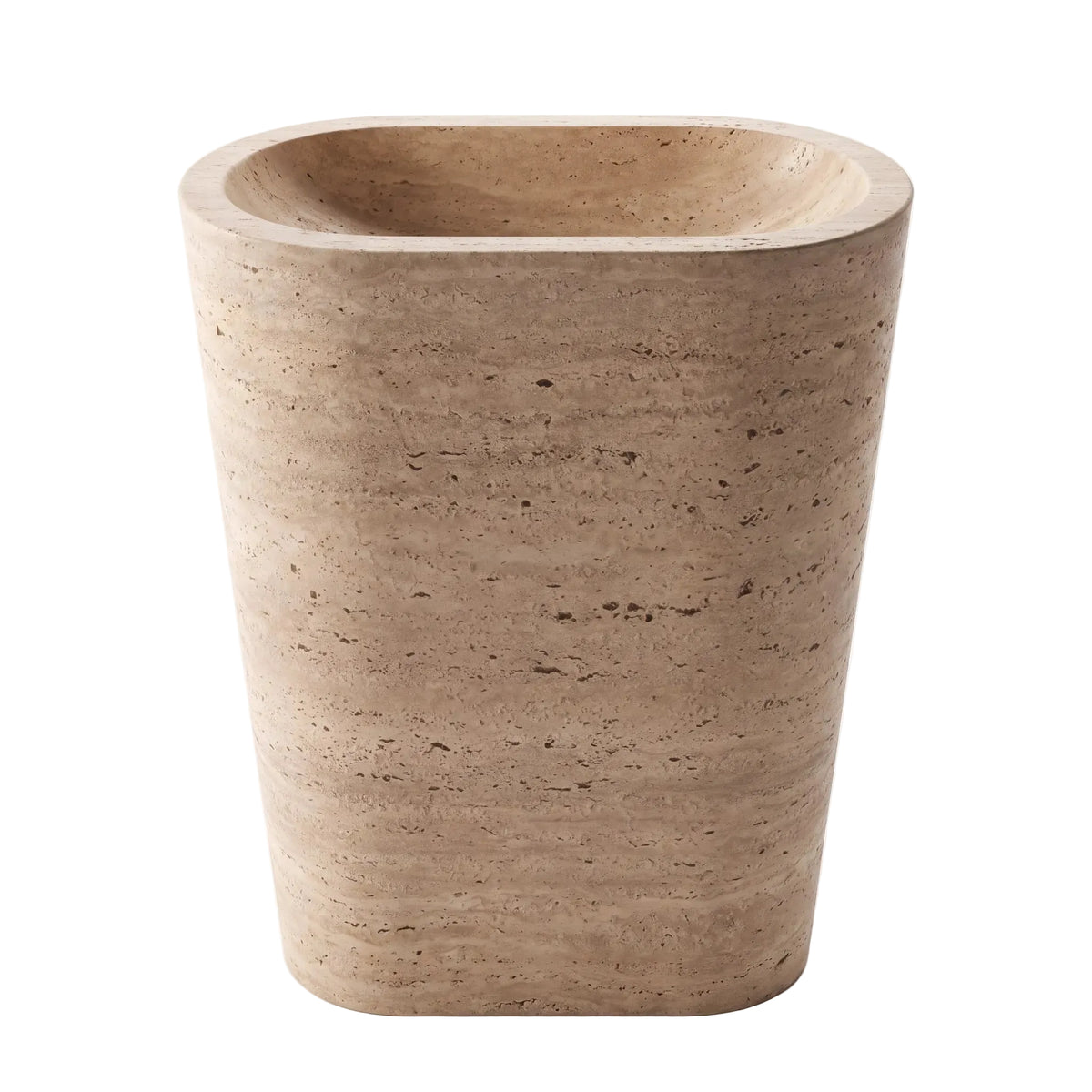 Norvick natural travertine pedestal bathroom sink with integrated basin, rounded corners and tapered monolithic form