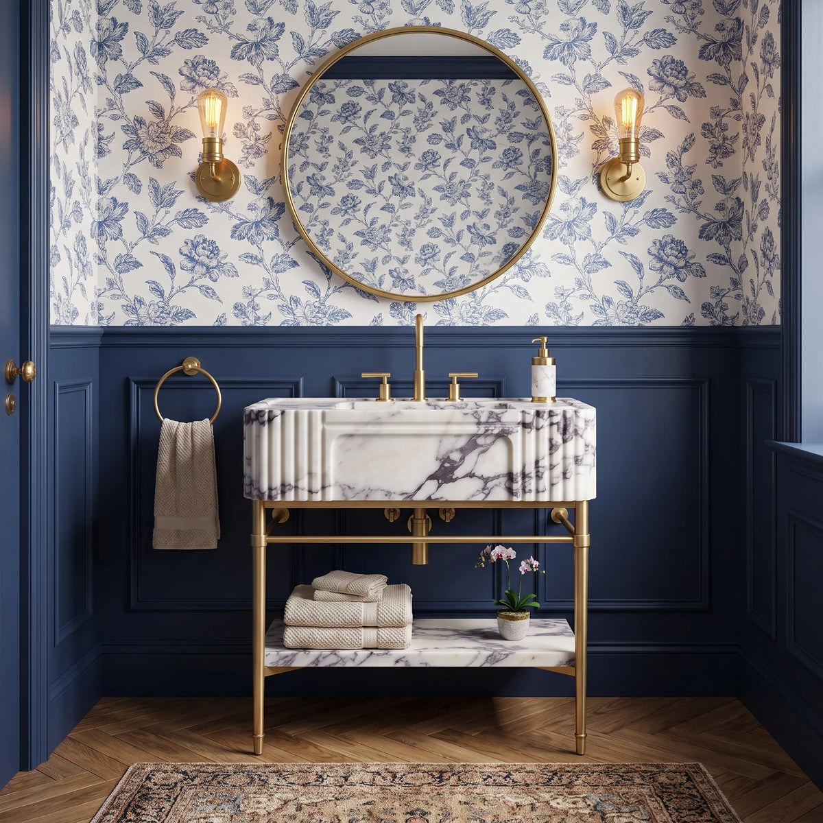 Portofino 30 inch Calacatta Viola marble bathroom vanity with sink and solid brass console legs in a luxury bathroom