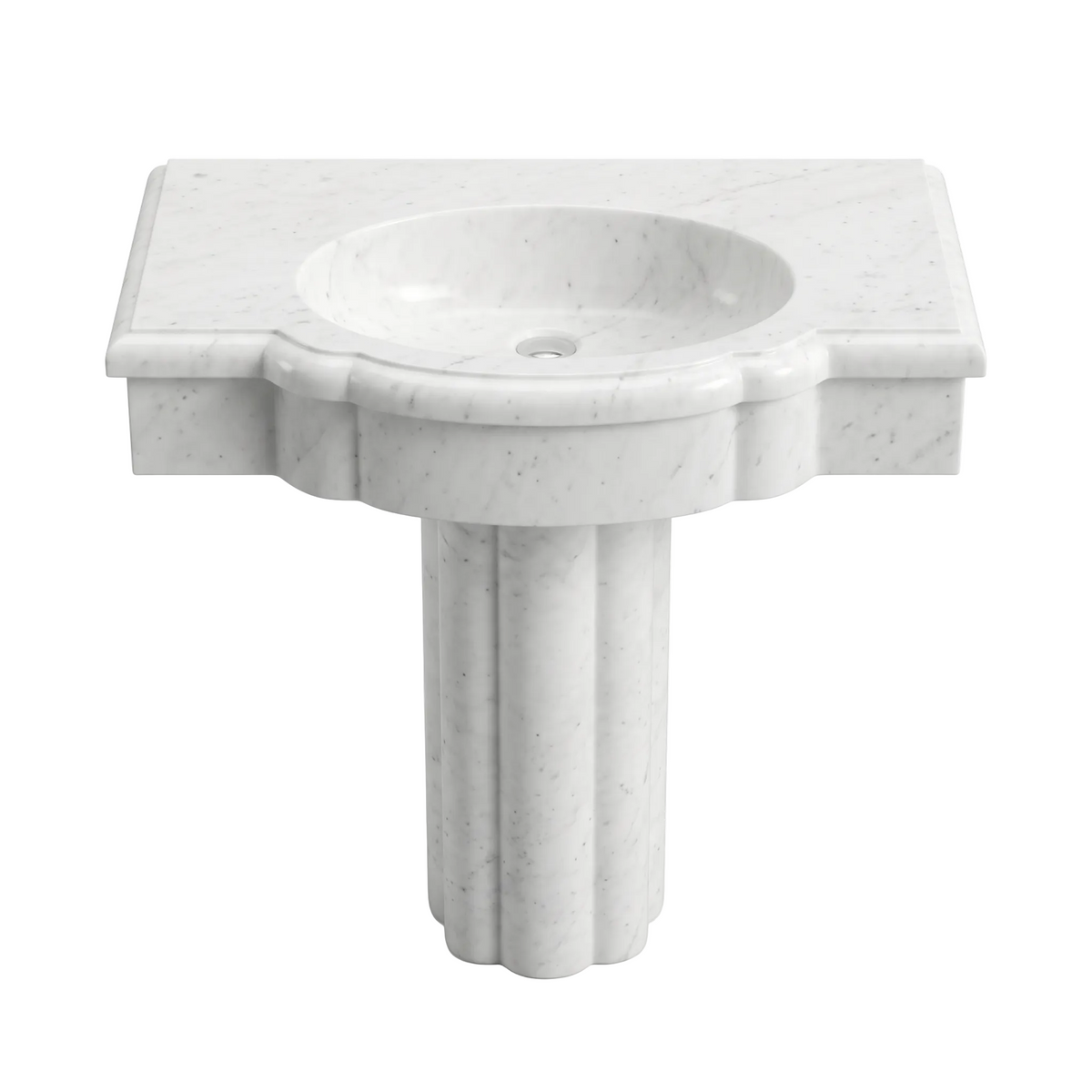 Ravena custom Carrara White marble pedestal bathroom sink with integrated oval basin, sculpted curved apron and fluted pedestal base