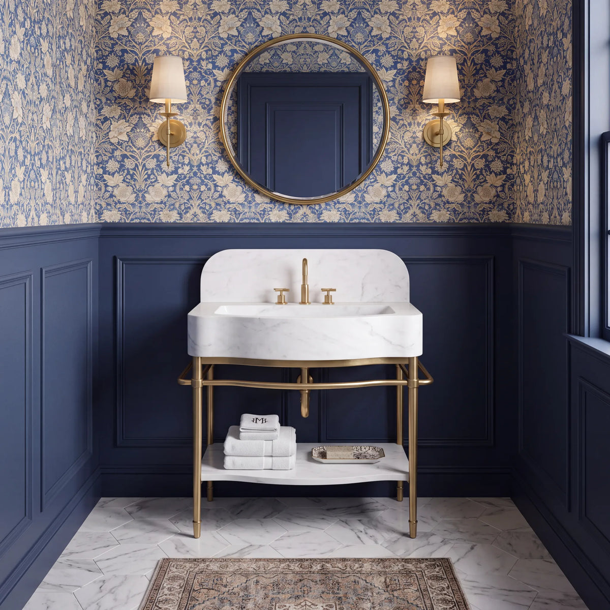 Salerno 30 inch Carrara White marble console sink vanity with solid brass legs