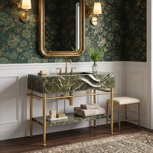 Solis 30 inch Green marble bathroom vanity with sink and solid brass console legs in a luxury bathroom