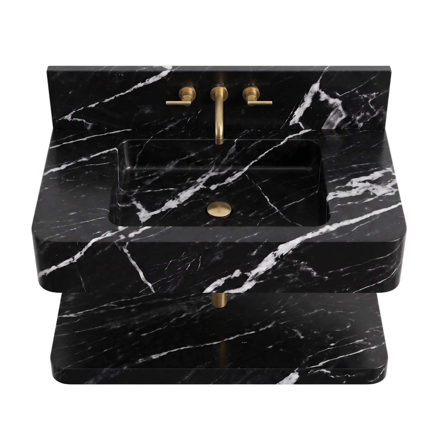 Sorano 30 inch Nero Marquina floating marble bathroom sink with lower marble shelf