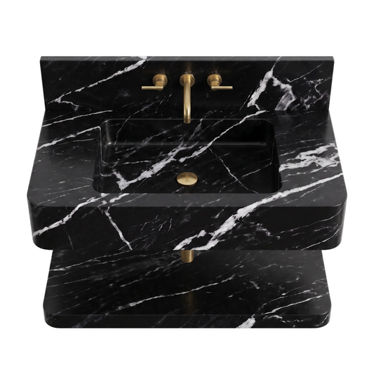 Sorano 30 inch Nero Marquina floating marble bathroom sink with lower marble shelf