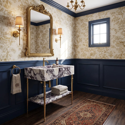 Sorrento 30 inch Calacatta Viola marble bathroom vanity with sink and solid brass console legs in a luxury bathroom
