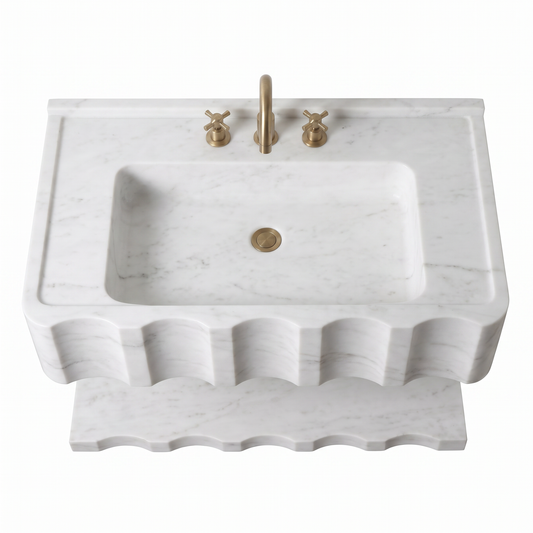 Tallinn 30 inch Carrara White floating marble bathroom sink with sculpted design and matching marble shelf