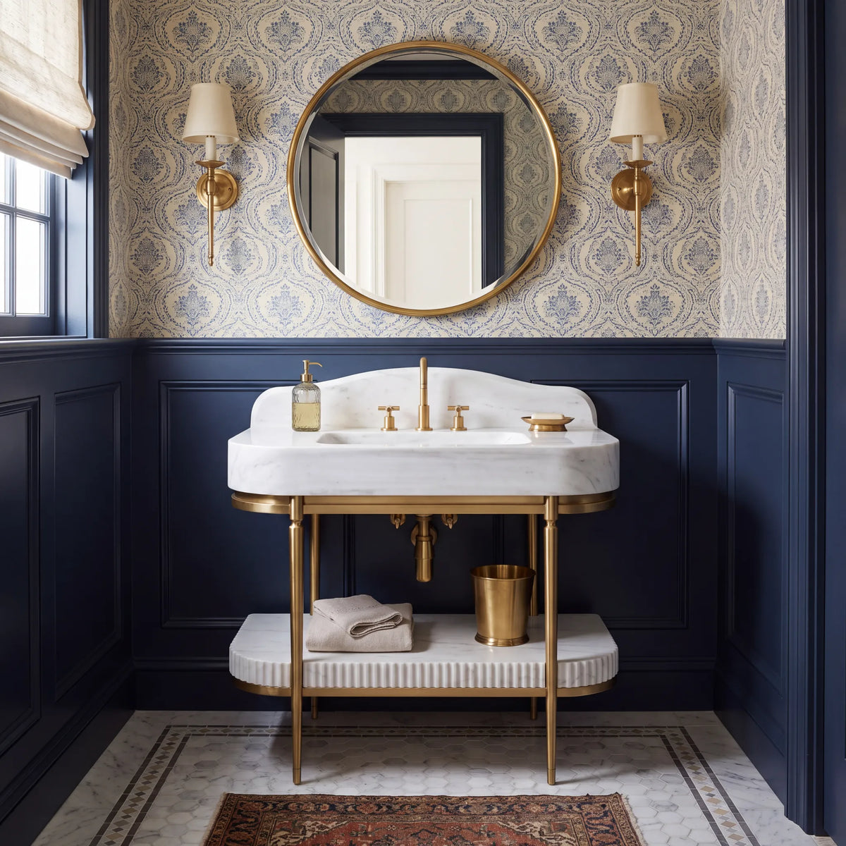 Torino 30 inch Carrara White marble console sink vanity with brass legs and lower marble shelf