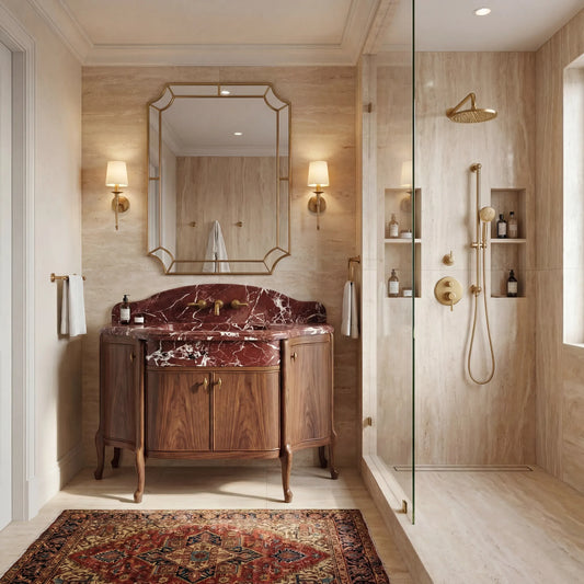 Tremaine Rosso Levanto marble bathroom vanity with walnut cabinet in a luxury bathroom interior