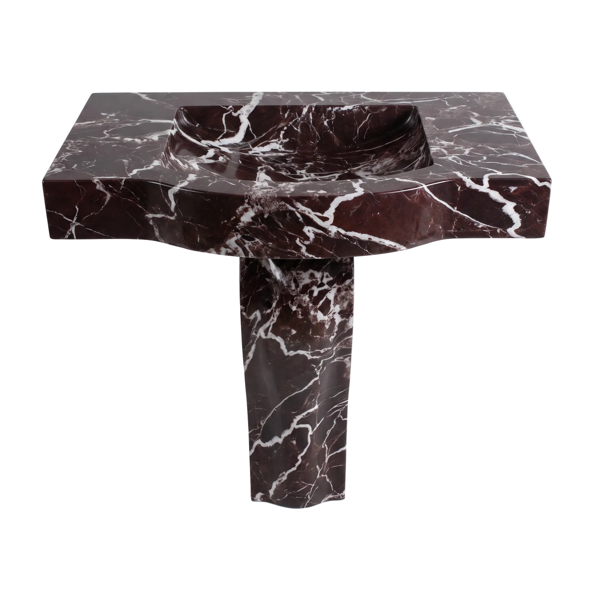 Valdora custom Rosso Levanto marble pedestal bathroom sink with integrated carved basin, deep burgundy color, bold white veining and sculptural pedestal base