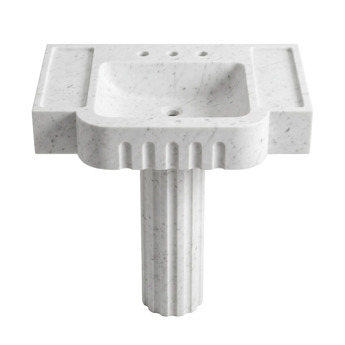 Valerio custom Carrara White marble pedestal bathroom sink with fluted front, integrated carved basin, side deck areas and sculpted fluted pedestal