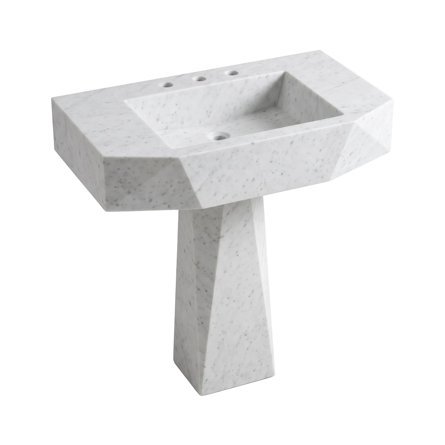 Varello custom Carrara White marble pedestal bathroom sink with geometric faceted apron, rectangular integrated basin and tapered pedestal base