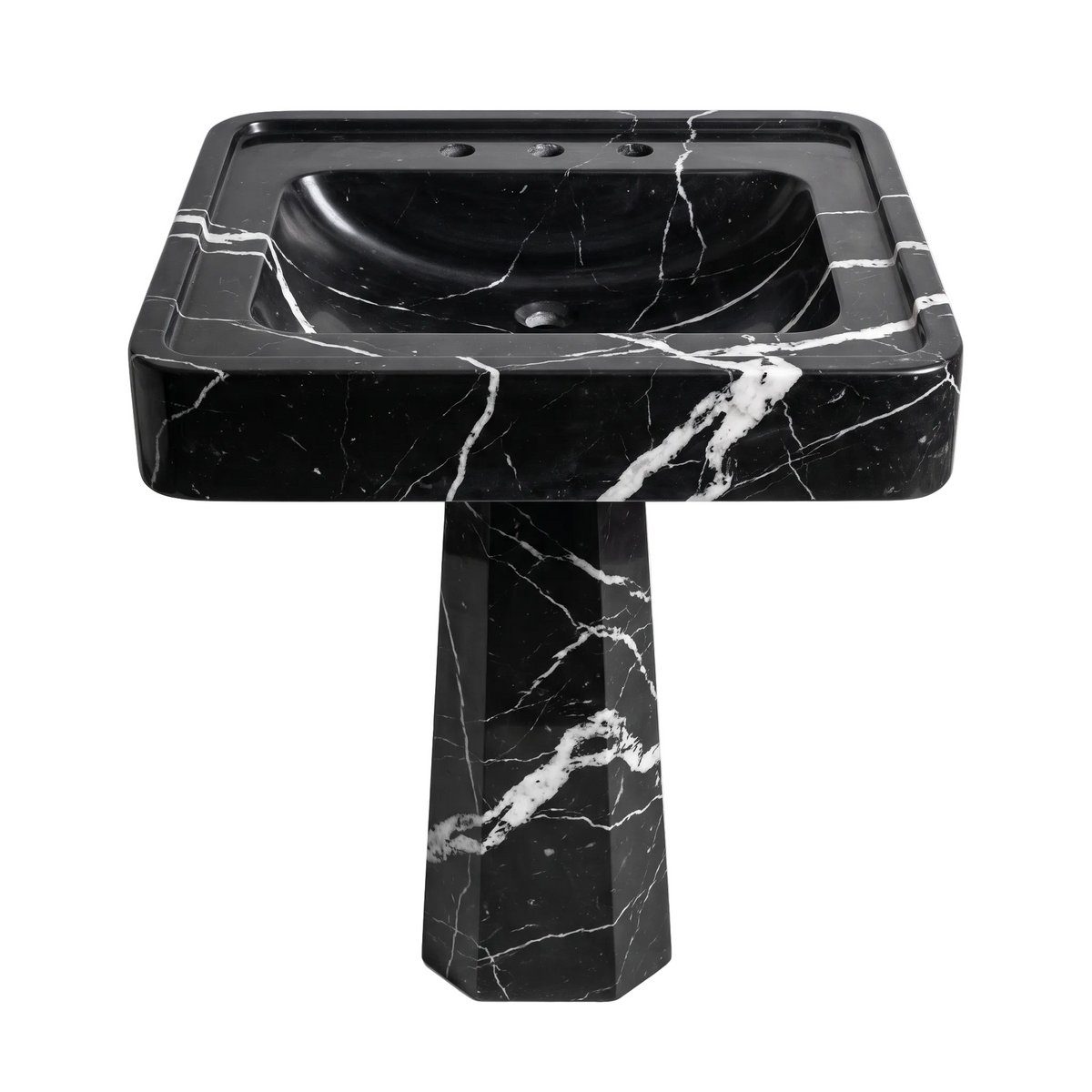 Vercelli custom Nero Marquina marble pedestal bathroom sink with integrated rectangular basin, raised rim and sculptural tapered pedestal