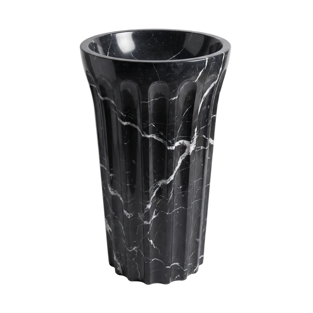 Verona custom Nero Marquina marble pedestal bathroom sink with deep round integrated basin, vertical fluted exterior and polished black marble with natural white veining