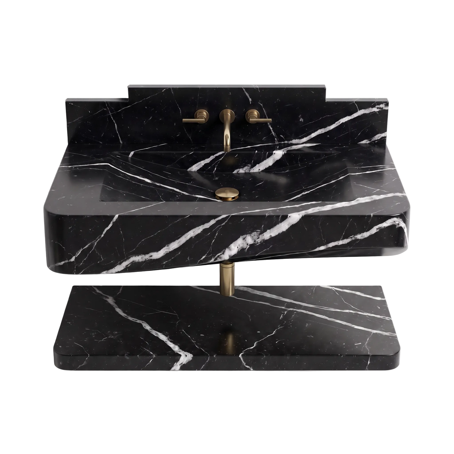 Westbridge 30 inch Nero Marquina floating marble bathroom sink with integrated basin and matching lower shelf