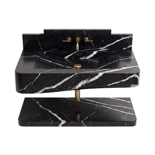 Westbridge 30 inch Nero Marquina floating marble bathroom sink with integrated basin and matching lower shelf