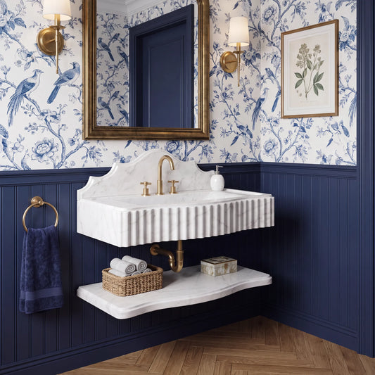 Avelis Custom Wall-Mounted Fluted Carrara Marble Bathroom Sink with Backsplash