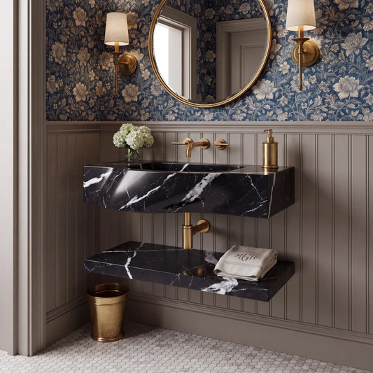 Avelon Custom Wall-Mounted Nero Marquina Marble Bathroom Sink with Floating Shelf