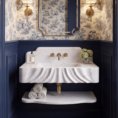 Colorado – Custom Wall-Mounted Carrara White Marble Bathroom Sink with Backsplash & Floating Shelf