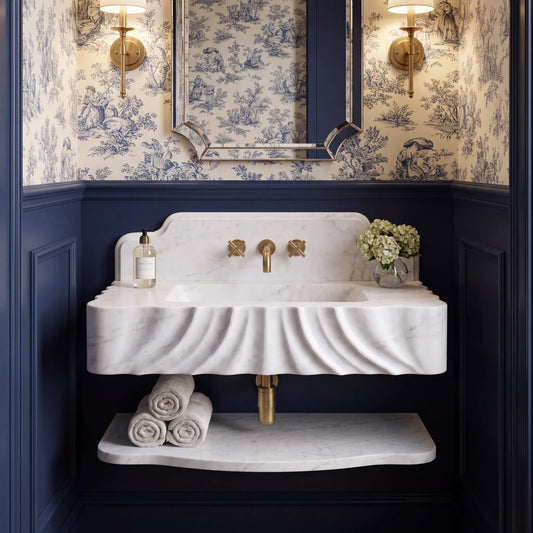 Colorado – Custom Wall-Mounted Carrara White Marble Bathroom Sink with Backsplash & Floating Shelf