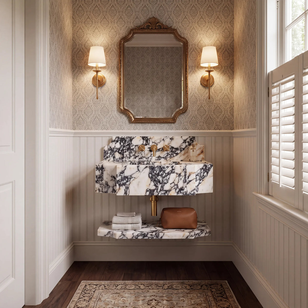 Como - Custom Wall-Mounted Calacatta Viola Stepped Apron Marble Bathroom Sink