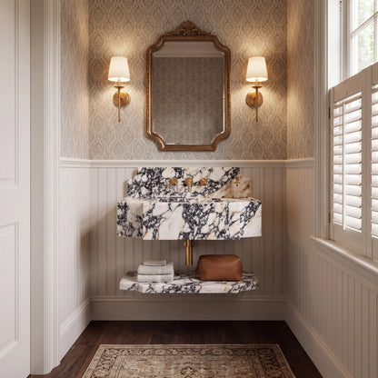 Como - Custom Wall-Mounted Calacatta Viola Stepped Apron Marble Bathroom Sink