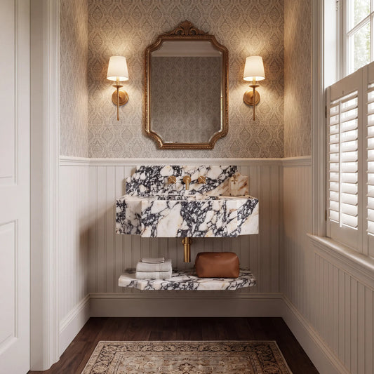 Como - Custom Wall-Mounted Calacatta Viola Stepped Apron Marble Bathroom Sink