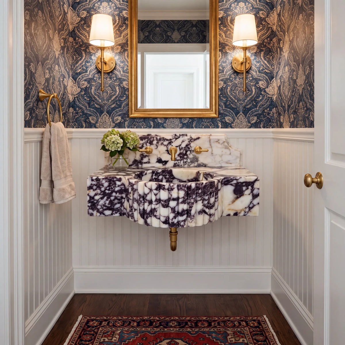 Cresta Custom Wall-Mounted Fluted Calacatta Viola Marble Bathroom Sink with Backsplash