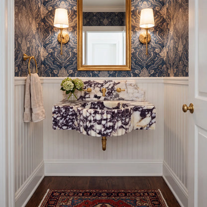 Cresta Custom Wall-Mounted Fluted Calacatta Viola Marble Bathroom Sink with Backsplash