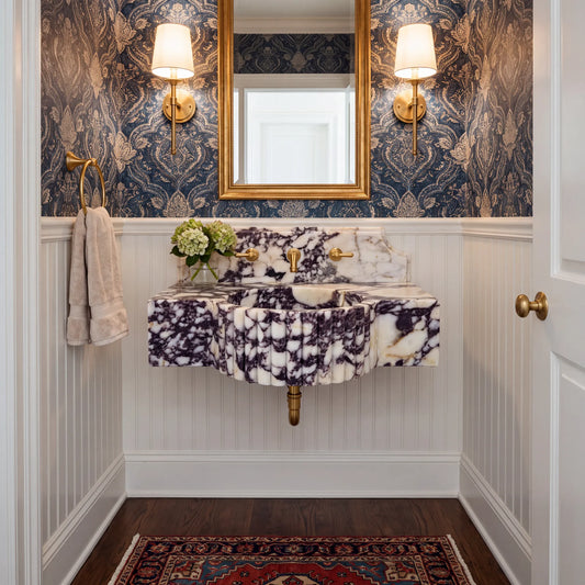 Cresta Custom Wall-Mounted Fluted Calacatta Viola Marble Bathroom Sink with Backsplash
