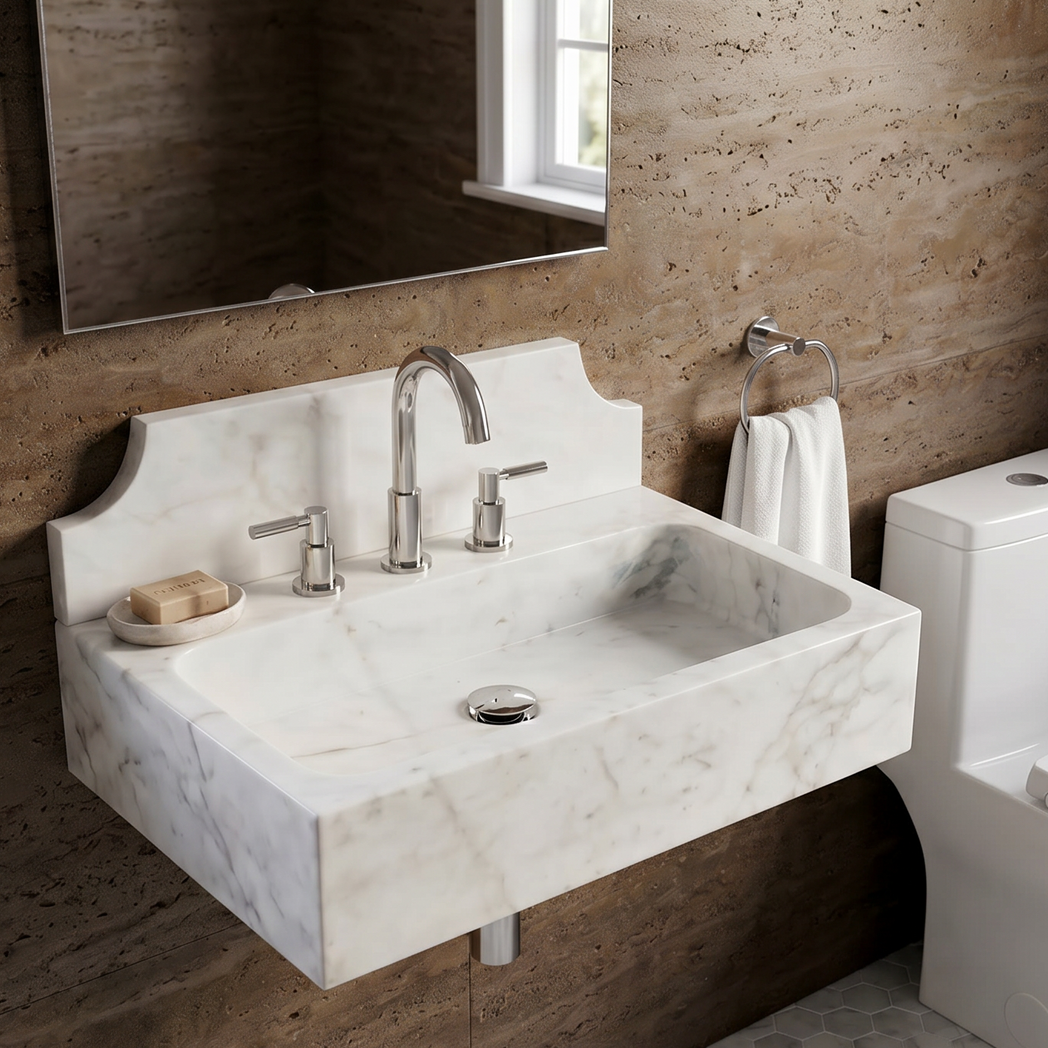 24" Cararra White Fluted Marble Sink with backsplash  – Wall Mounted Floating Vanity – Luxury Bathroom Sink Handmade