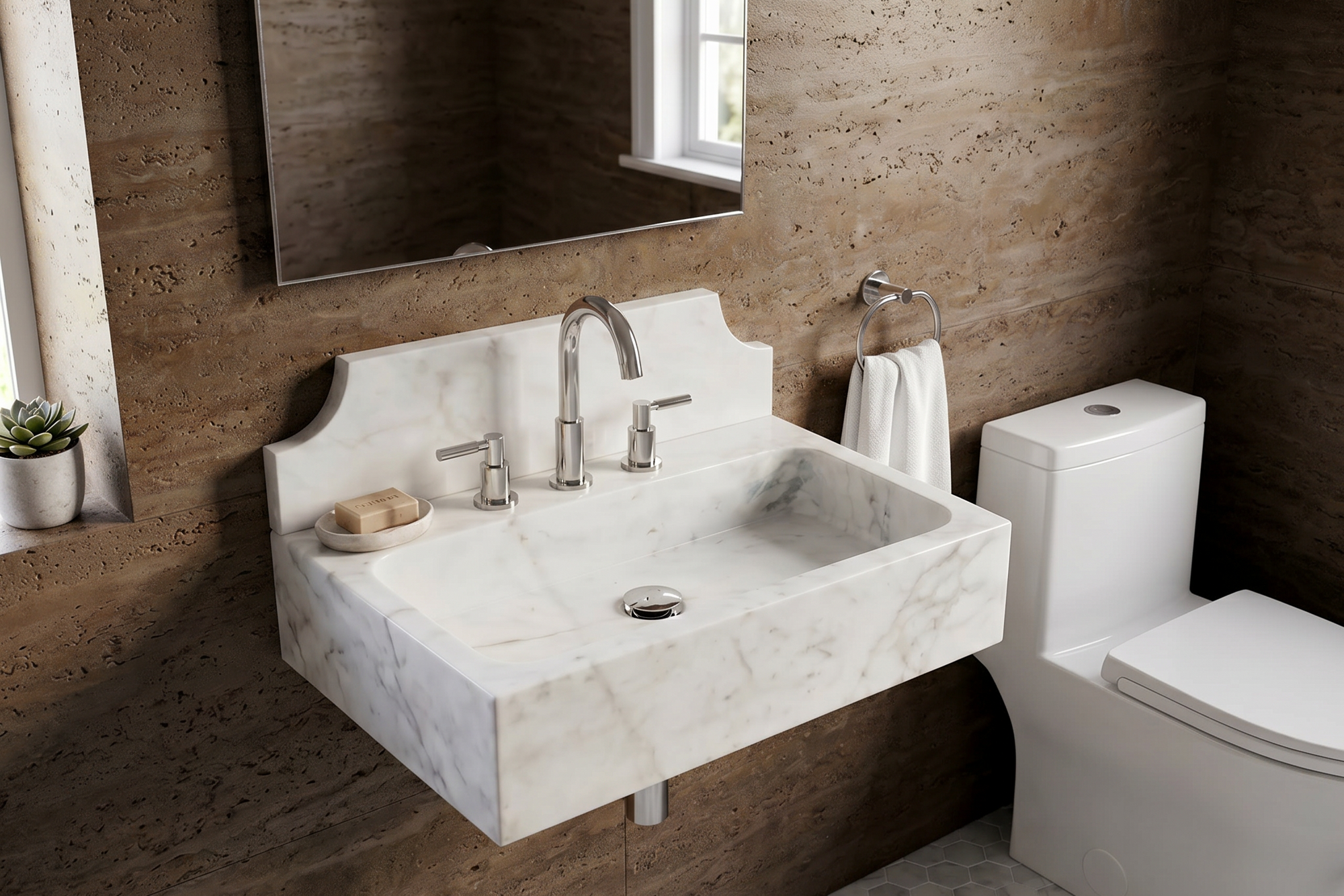 24" Cararra White Fluted Marble Sink with backsplash  – Wall Mounted Floating Vanity – Luxury Bathroom Sink Handmade
