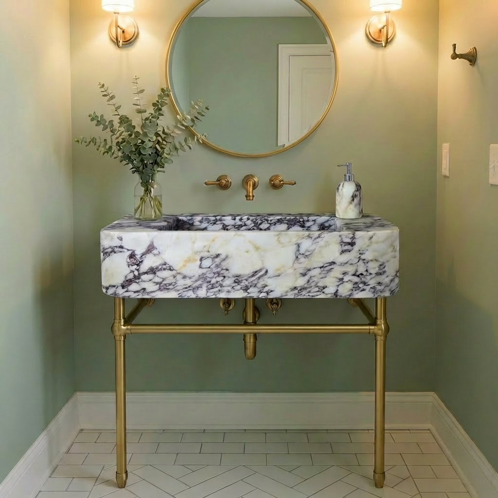 30" Calacatta Viola Marble Sink with Brass Console Legs