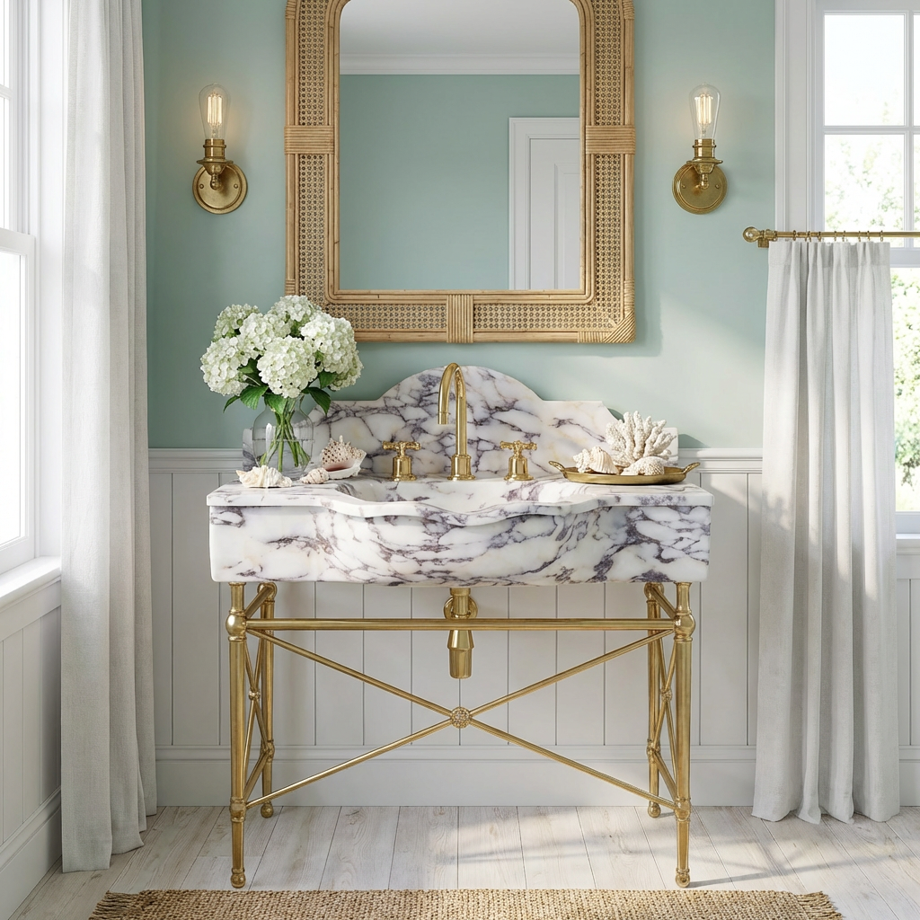30" Calacatta Viola with backsplash Marble Sink With Brass Console Legs