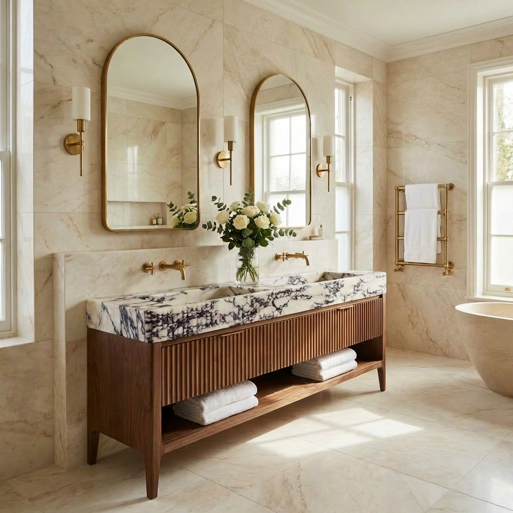 Double Marble Sink Vanity with Fluted Wood Cabinet | Made to order