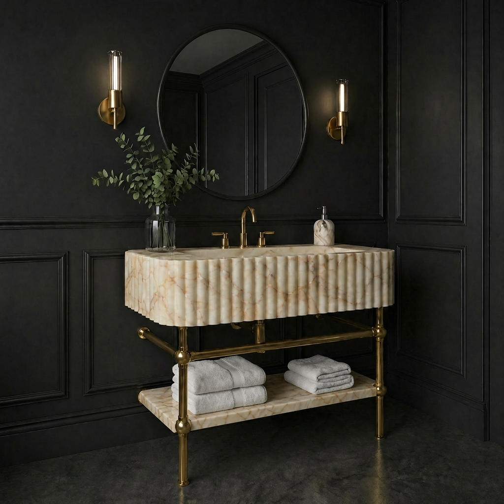 30"Gold Vein Fluted Marble Sink With Brass Console Legs