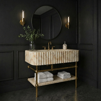 30"Gold Vein Fluted Marble Sink With Brass Console Legs