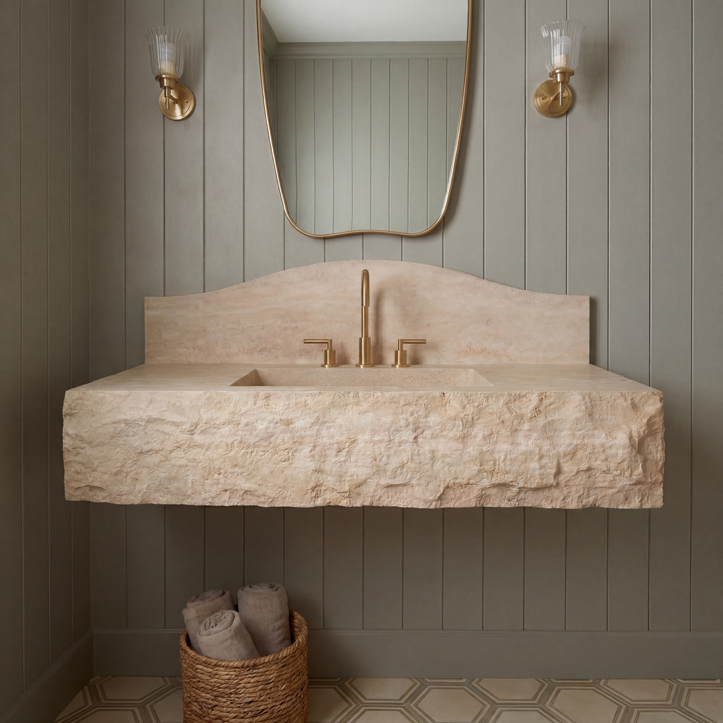 40" Travertine Marble Sink  – Wall Mounted Floating Vanity