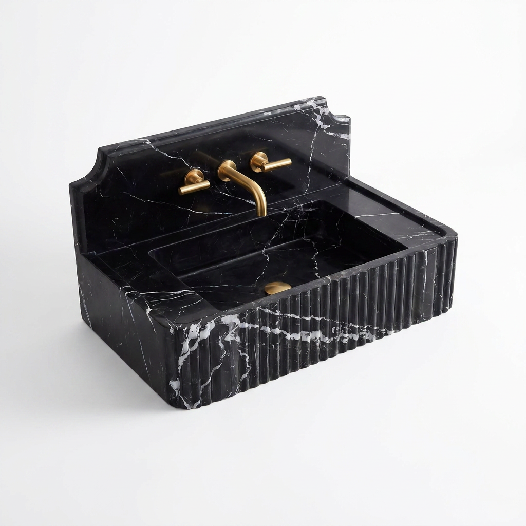 Nero Marquina Marble Sink 30x16x8 with 8 Backsplash