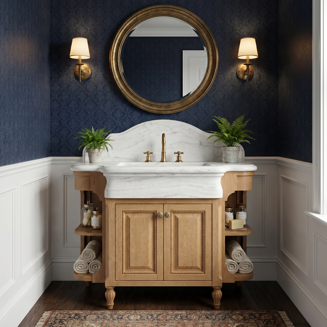 48" Ottoman Design Carrara White Marble Bathroom Vanity with Wood Drawers