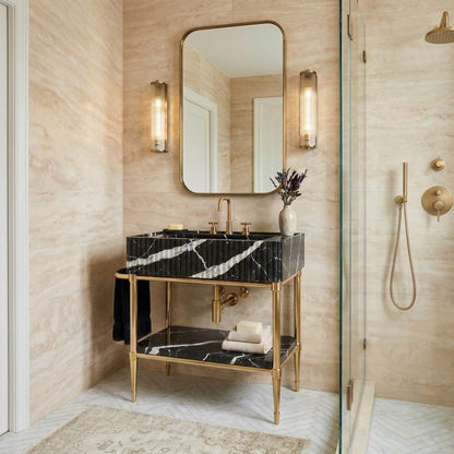 Valmont – Custom Nero Marquina Marble Sink Vanity with Solid Brass Console Legs