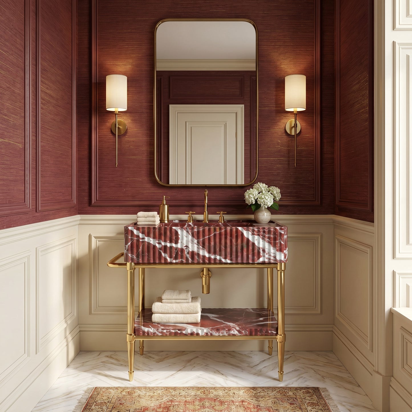 Valmont – Custom Rosso Levanto Marble Sink Vanity with Solid Brass Console Legs