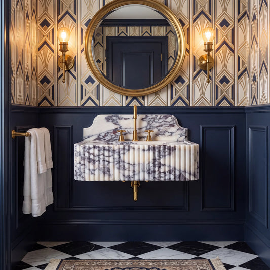 Ellora - Custom Wall-Mounted Calacatta Viola Fluted Marble Bathroom Sink
